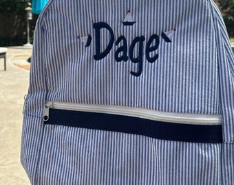 Personalized Navy Seersucker Backpack with Sailboats - Design Optional