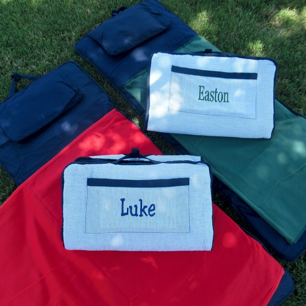 Personalized Large Navy and Red Nap Mat Including Blanket, Pad, and Pillow