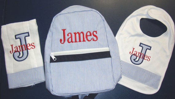 Personalized Seersucker Baby Gift Set: Backpack, Bib & Burp Cloth