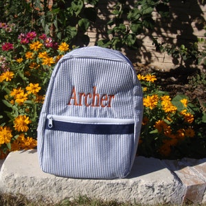 Seersucker Toddler Backpack with Child&#39;s Name Embroidered, Bible Bag for Children