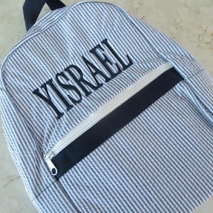Personalized Mini Backpack: Navy Seersucker with Name or Monogrammed Initials