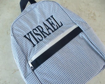 Personalized Mini Backpack: Navy Seersucker with Name or Monogrammed Initials