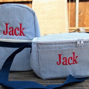 Personalized Lunch Tote and Backpack Set in Seersucker, Lunchbox, Backpack, Lunch Bag, Snack Bag, Back to School image 1