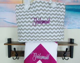 Personalized Bridesmaid Gift Basket: Beach Towel and Bag Embroidered