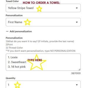 Puede incluir: Captura de pantalla de un anuncio de Etsy para una toalla personalizada. La imagen muestra un formulario con campos para el color de la toalla, la personalizaci&oacute;n y la cantidad. El texto "HOW TO ORDER A TOWEL" es visible. La secci&oacute;n de personalizaci&oacute;n incluye opciones para el nombre, la fuente y el color del hilo.