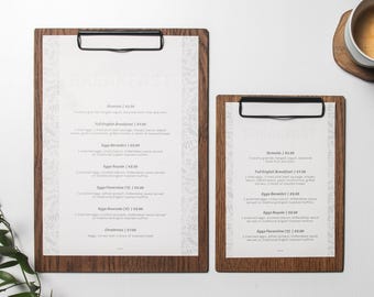 Rustikt menypapper i ekträ, A4-menydisplay, restauranghållare, cafémapp, naturlig trädesign, hotellvarumärke, eko-meny