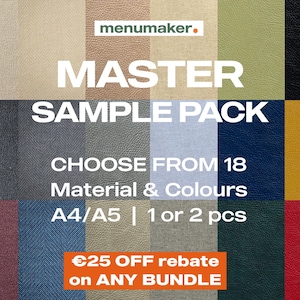 Può includere: Un 'MASTER SAMPLE PACK' con una selezione di materiali e colori. L'immagine mostra 18 diverse opzioni, disponibili nei formati A4/A5, con la possibilità di scegliere 1 o 2 pezzi. Il testo 'CHOOSE FROM 18 Material & Colours' è visibile.