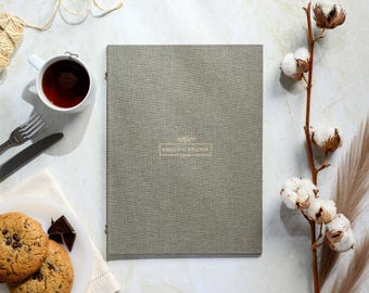 Restaurangmenymapp med anpassad logotyp, menyomslag i A4-storlek, taupe linne, EU-tillverkad, kvalitet, ekologisk restaurangpresentation, professionell