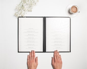 Amerikansk menymapp – Slitstark kantbunden restaurangmeny i A4- eller A3-format | MOQ 10 st | FRI frakt inom EU