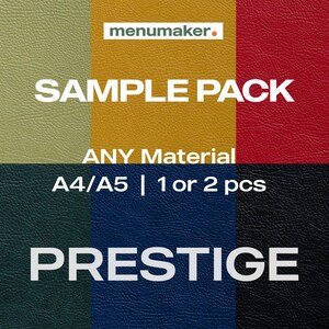 Peut inclure: Un pack d'échantillons de matériaux Prestige de différentes couleurs : vert, or, rouge, vert foncé, bleu et noir. Le texte "SAMPLE PACK" et "PRESTIGE" est affiché en blanc, ainsi que le logo "menumaker".
