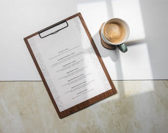 Menyurklipp i ek, rustik A4-storlek, restaurangmapp, cafébar, displaytavla i naturlig trädesign, anpassad märkeshållare, presentationstavla