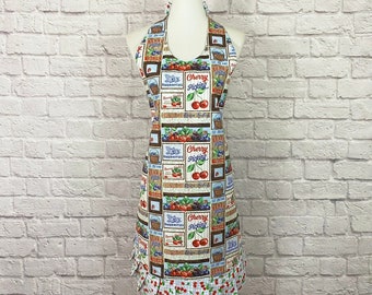 Women's Flirty Red, White, & Blue Berry Medley Apron, Berry Farm Apron with Cherries, Blueberries, Strawberries, and Blackberries
