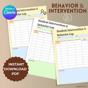 Puede incluir: Una pila de registros de comportamiento estudiantil con un fondo amarillo claro. Los registros tienen secciones para el nombre del estudiante, el comportamiento observado y la acción positiva. Las palabras "Behavior & Intervention" están en la parte superior. La imagen también incluye el texto "Instant Download PDF".