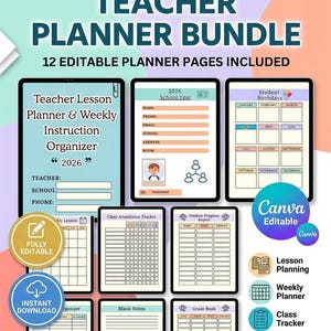 Puede incluir: Un paquete de planificador digital para profesores con 12 páginas editables, que incluye planificación de lecciones, seguimiento de asistencia y organización de estudiantes. Presenta el texto "ULTIMATE TEACHER PLANNER BUNDLE" y "2026 School Year".