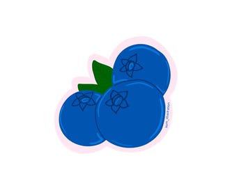 May include: A sticker depicting three bright blue blueberries, each with a floral pattern. A green leaf sits between the berries, all with a soft pink outline. The illustration is set against a plain white background.