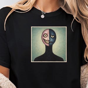 T-shirt gotica con volto diviso, ritratto surreale, maglietta a maniche lunghe scura