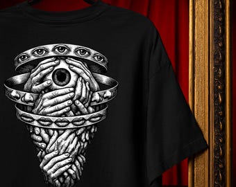 T-shirt All Seeing Eye Hands, monochroom surrealistische occulte kunst, gotisch statement-T-shirt