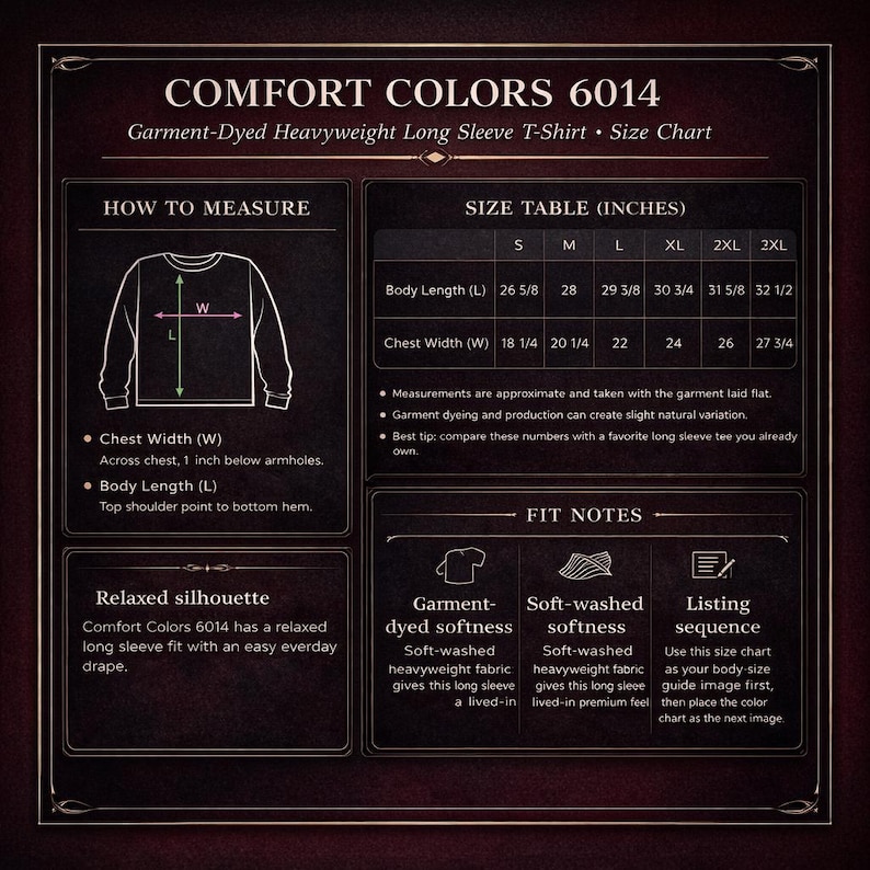 The image is a size chart for a garment-dye heavyweight long sleeve t-shirt. It provides measurements and fitting tips for the t-shirt, as well as a relaxed silhouette and a listing sequence for the design.