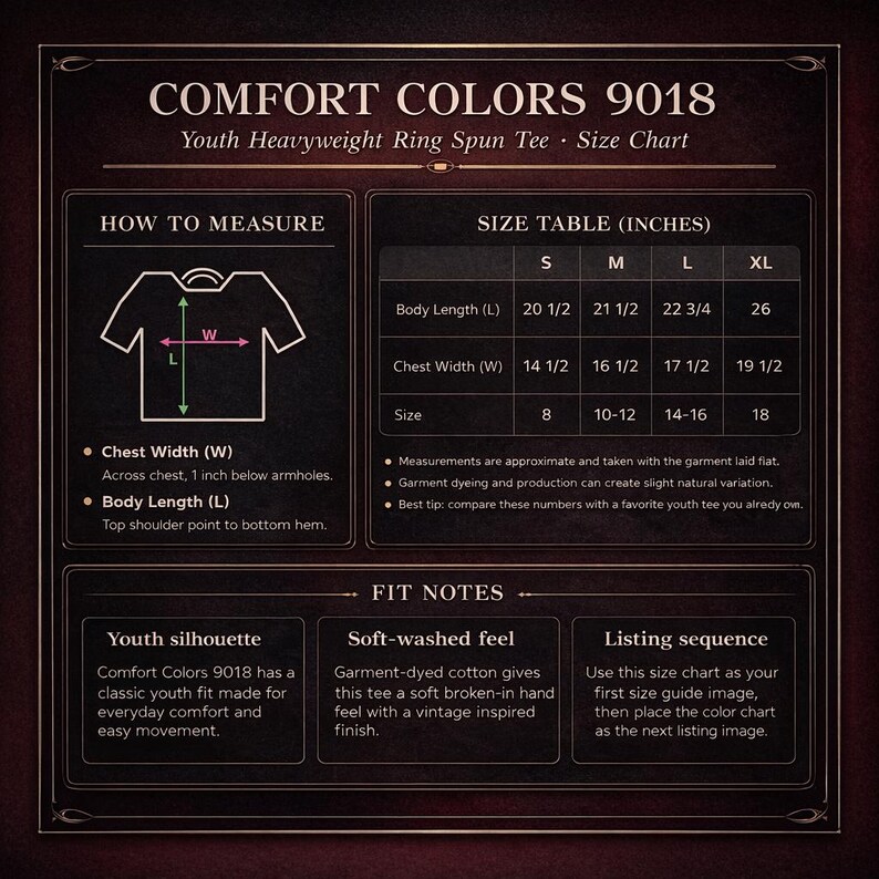 Comfort Colors 9018 Youth Heavyweight Ring Spin TEE - Size Chart