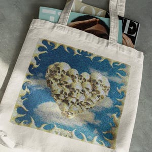 Skull Heart Tote Bag, Gothic Aesthetic Zipper Tote, Grunge Cloud Print Bag, Edgy Punk Tote, Alt Fashion Canvas Bag, Y2K Skulls Tote Bag