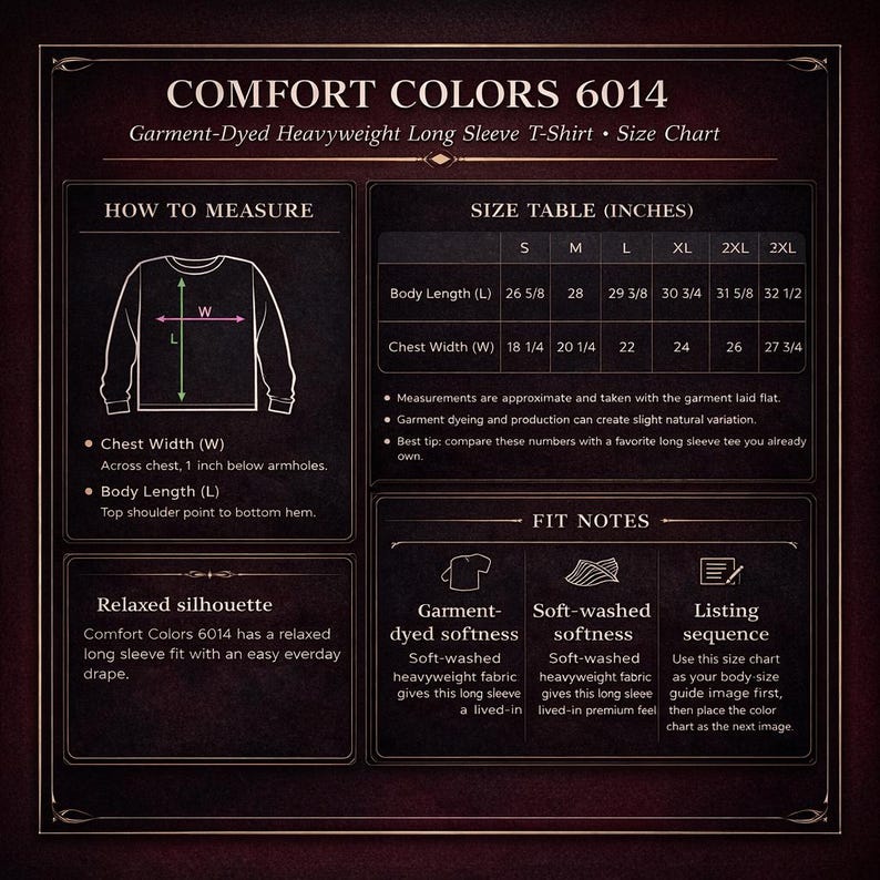 The image is a size chart for a garment-dye heavyweight long sleeve t-shirt. It provides measurements and fitting tips for the t-shirt, as well as a relaxed silhouette and a listing sequence for the design.