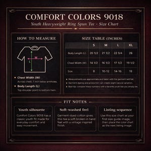 Comfort Colors 9018 Youth Heavyweight Ring Spin TEE - Size Chart