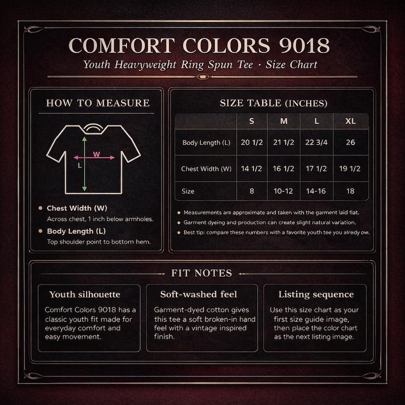 Comfort Colors 9018 Youth Heavyweight Ring Spin TEE - Size Chart