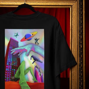 Surreal Space Aesthetic Graphic T-Shirt, Retro Futuristic Vaporwave Streetwear Tee, Trippy Urban Art Shirt, Bold Y2K Design T-Shirt