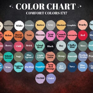 The image is a color chart displaying various comfort colors, including white, gray, black, blue, green, red, orange, pink, purple, and more.