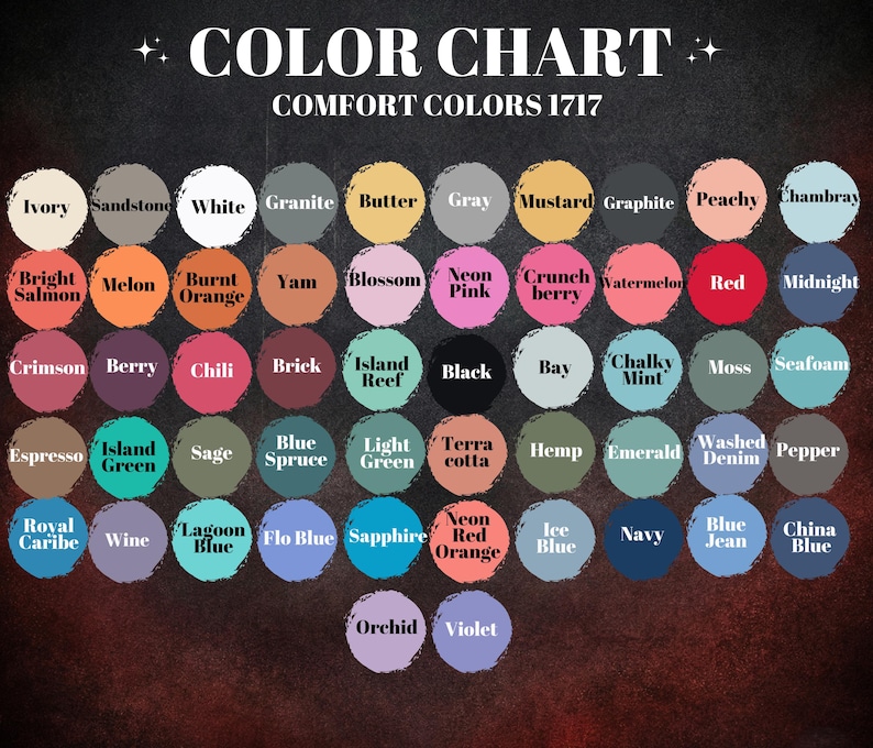 The image is a color chart displaying various comfort colors, including white, gray, black, blue, green, red, orange, pink, purple, and more.