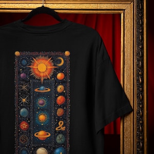 T-shirt planète astrologie, t-shirt graphique corps célestes, chemise rétro d'art spatial, haut étoile soleil lune, t-shirt esthétique du système solaire vintage