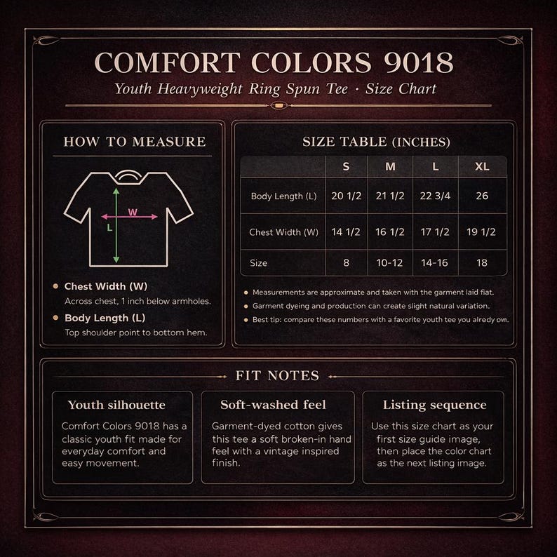 Comfort Colors 9018 Youth Heavyweight Ring Spin TEE - Size Chart