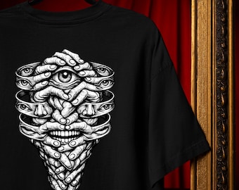 Comfortkleuren surrealistisch T-shirt met gezicht, monochrome gotische statementkleding