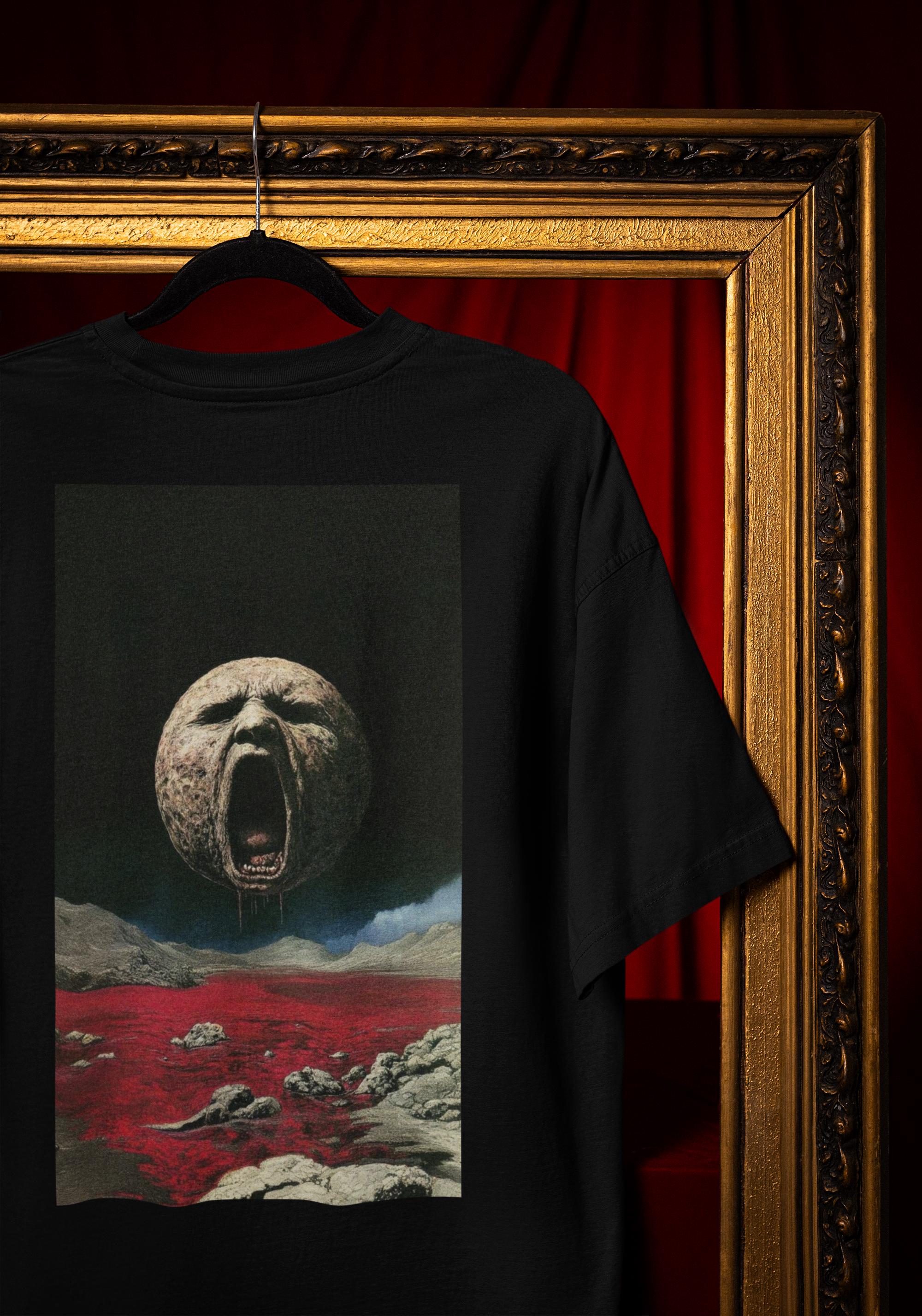 Camiseta gráfica de luna gritando surrealista: camiseta de
