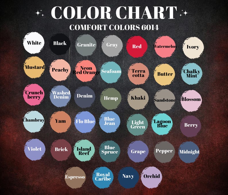 The image is a color chart displaying various shades of comfort colors, including white, black, gray, red, watermelon, ivory, mustard, peach, neon orange, sea foam, terra cotta, butter, chalk, mint, crunch, berry, denim, hemp, kaki, sandstone, blush, blue, jean, light green, lagoon blue, berry, violet, brick, island reef, grape, pepper, midnight, orchid, and royal blue.