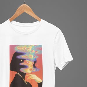 Psychedelic Girl Art T-Shirt, Surreal Eyes In Smoke Design Tee, Dreamy Vaporwave Portrait Shirt, Trippy Feminine Aesthetic Graphic