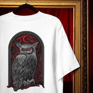 Gothic Owl T-Shirt, Red Eye Owl Graphic Tee, Dark Fantasy Bird Shirt, Mysterious Night Animal Art, Occult Aesthetic Tee, Alternative Apparel