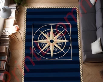 Nautical Compass Rug, Navy Blue Area Carpet, Maritime Coastal Home Decor, Ocean Theme Living Room Rug, Sailor Style Floor Decor
