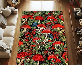 Mushroom Forest Rug, Botanical Nature Area Carpet, Red Mushroom Living Room Decor, Fairycore Home Accent, Cozy Cottagecore Gift Idea