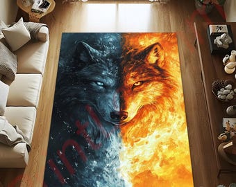 Fire and Ice Wolf Area Rug, Fierce Animal Design
