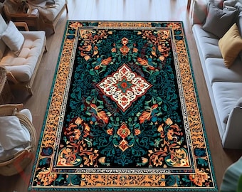 Vintage Persian Style Area Rug, Oriental Floral Medallion Carpet, Classic Living Room or Bedroom Floor Mat, Elegant Traditional Home Decor