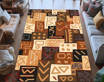 African Tribal Pattern Rug, Boho Geometric Carpet in Warm Earth Tones, Ethnic Living Room Decor, Abstract Mudcloth Style Floor Mat
