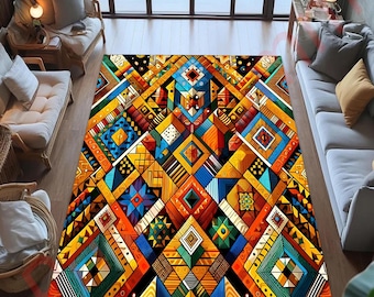 Kolorowy, plemienny, geometryczny dywan, dywan w stylu boho w stylu południowo-zachodnim do salonu lub sypialni, etniczny wystrój podłogi w stylu azteckim, żywy pomysł na prezent