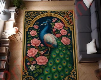Peacock Floral Vintage Style Area Rug, Elegant Bird Art Carpet, Boho Living Room Rug