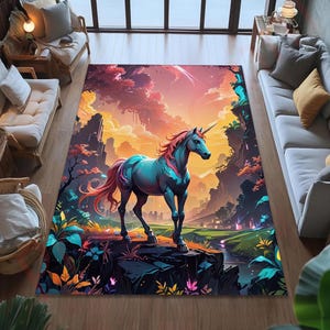 Fantasy Unicorn Rug For Kids Room Or Nursery, Colorful Magic Creature Area Carpet, Whimsical Rainbow Decor, Gift For Girls Or Baby Room