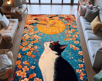 Alfombra para gatos en blanco y negro con flores de cerezo, alfombra floral artística para amantes de los gatos, decoración única para la sala de estar, regalo para ella o para una mamá de gatos.