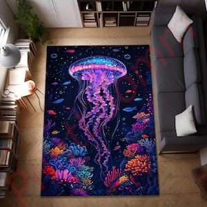 Jellyfish Rug With Colorful Coral Reef Design, Underwater Ocean Theme Carpet, Nautical Home Decor, Unique Sea Life Gift For Living Room