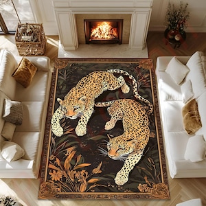 May include: A rug with a dark background featuring two leopards with brown and black spots. The leopards are surrounded by green leaves and yellow flowers. The rug has a brown border with a gold design.