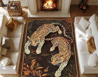 Leopard Rug With Jungle Theme, Bold Safari Animal Print Carpet, Exotic Jungle Decor For Living Room, Wildlife Gift For Him Or Home