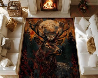 Mystical Deer Rug with Full Moon Forest Woodland Carpet, Rustic Nature Area Rug, Boho Cabin Living Room Decor, Spiritual Wildlife Home Gift
